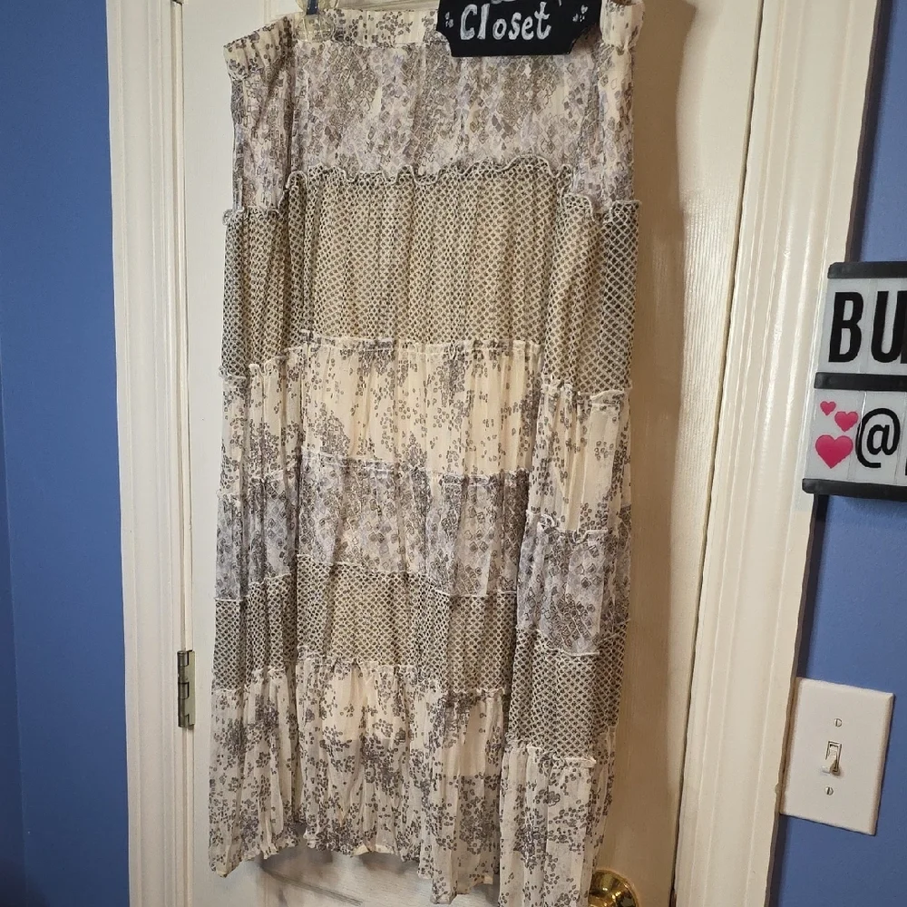 Notations Floral Patchwork Skirt Petite XL Ivory Brown Boho